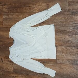 Elegant Cream Women's Top Long Sleeved Wrap Front Blouse With V Neck Size Large